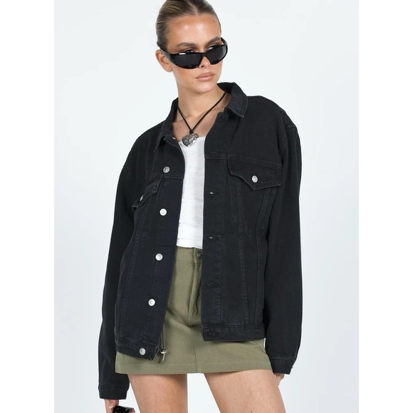 Princess Polly Jackets & Blazers - Princess Polly Phoenix Black Cotton Denim Jacket Size S/M Oversized‎ NWT